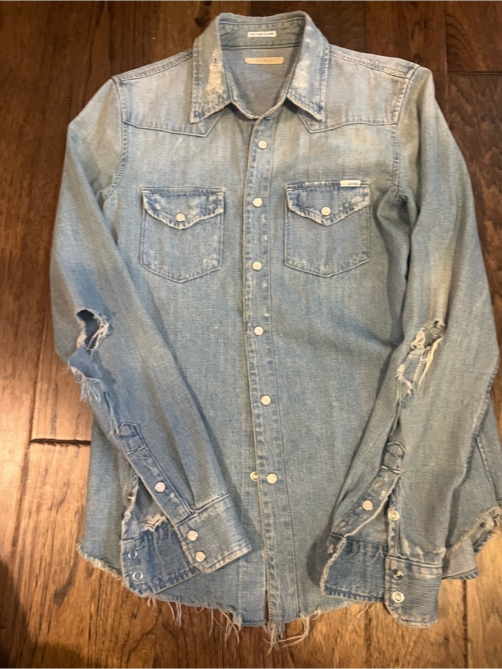 MOTHER Light Blue Distressed Denim Western Shirt